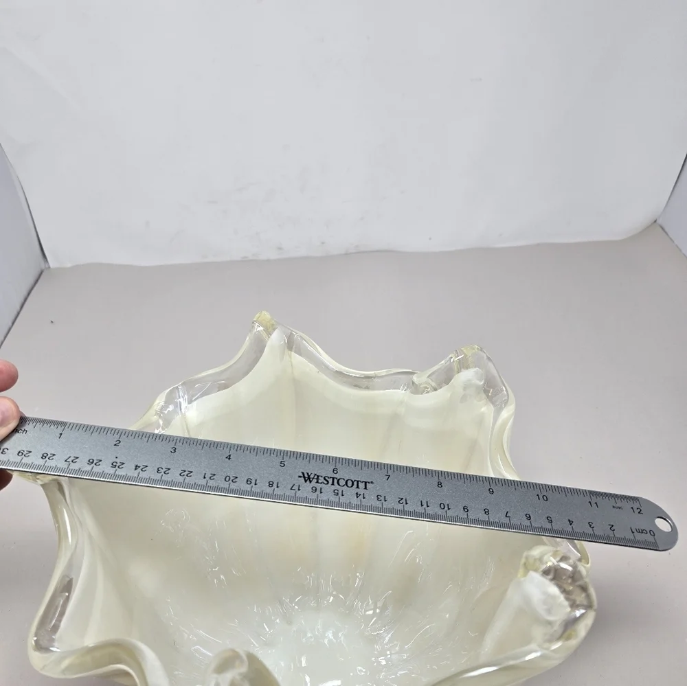 Italian Hand Blown Murano Cream & Clear 11x8 Vintage Beautiful Glass Vase Bowl